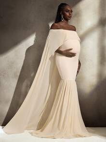 Cheriluna Maternity Maternity Photoshoot Dress, Off-Shoulder Double-Layer Design With Cloak, Fish Tail Hem Floor-Length Gown - Apricot - View 4