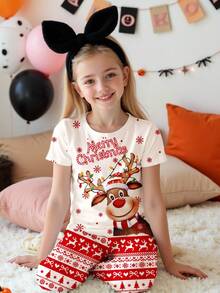 SHEIN Leap Crew 圣诞系列，复古红色圈圈绒鲁道夫，雪花费尔岛图案印花，少女休闲简约保暖柔软长袖睡衣套装，适合秋冬居家穿着，圣诞睡衣派对，女孩睡衣套装，红色圣诞睡衣，舒适合身单人睡衣，短袖舒适合身两件套睡衣，圣诞睡衣 - 彩色 - 查看 5