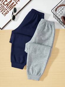 SHEIN 2pcs Tween Boy Casual Style Contrast Stitching Thermal Lined Sweatpants, Suitable For Autumn/Winter,Thanksgiving,Christmas,Winter,Winter Clothes,Cozy Fall & Winter Styles, - Navy Blue - View 3