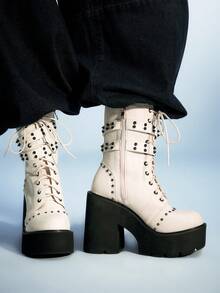 Sugerpunk Giày bốt cao đến bắp chân đế dày, đế thô, màu trắng, trang trí đinh tán cổ điển tối màu theo phong cách Gothic, quai đôi, giày bốt đi xe đạp phong cách Punk Rock thường ngày - Màu be - Xem 2