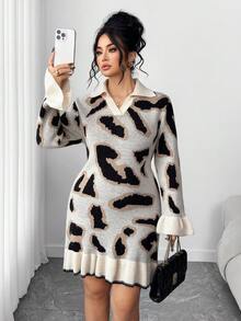 Elenzga Robe longue à manches longues ajustée avec col à volants imprimé léopard, élégante et confortable, grande taille - Multicolore - Voir 1