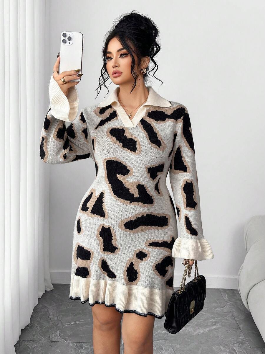 Elenzga Robe longue à manches longues ajustée avec col à volants imprimé léopard, élégante et confortable, grande taille - Multicolore - Voir 1