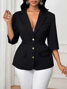 SHEIN Lady Women's Fashionable Elegant Single-Breasted Thin Blazer - Black - View 3