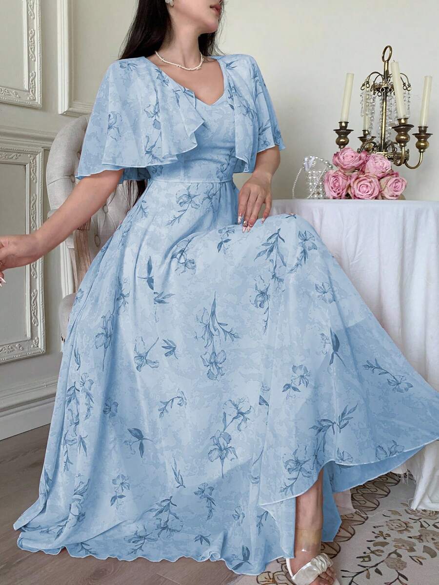 Modelyn 女式 V 领斗篷设计束腰飘逸花卉印花雪纺连衣裙 - 藍色 - 查看 1