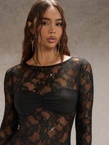 Glamine Women's Black Lace Glossy Mini Dress, Long-Sleeved Cutout See Through Outfit,Black Floral,Autumn,70s,Club,Party,Retro Chic Gala Night - Black - View 7