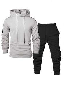 Manfinity Homme 男士撞色拼接连帽长袖卫衣和工装裤套装（2件套） 男士休闲套装 - 淺灰色 - 查看 3