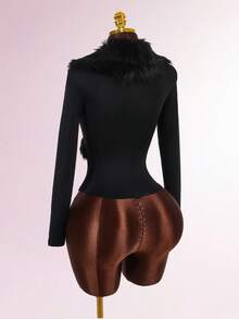 Amplova 女式毛领拼布紧身长袖T恤 - 黑色 - 查看 7