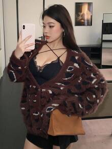 DAZY Women's V-Neck Cardigan, Fuzzy Fashion Animal Print Leopard Pattern All-Over Print, Color Blocking, Suitable For Autumn & Winter - Chocolate Brown - View 7