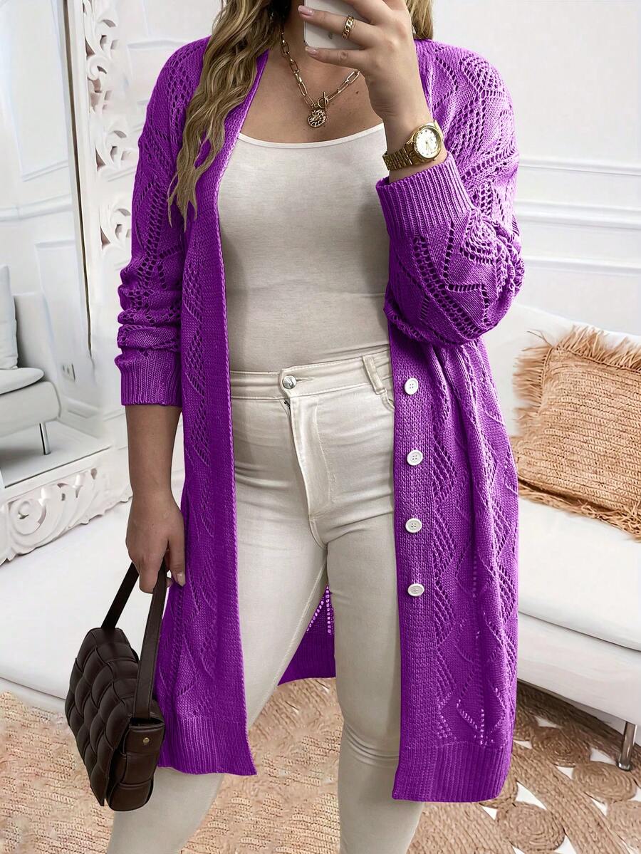 EMERY ROSE Damen Mode Strickjacke in Große Größen mit Einzelreihe, lässiger strukturierter Strickpullover in Knielänge - Rot-violett - Übersicht 1