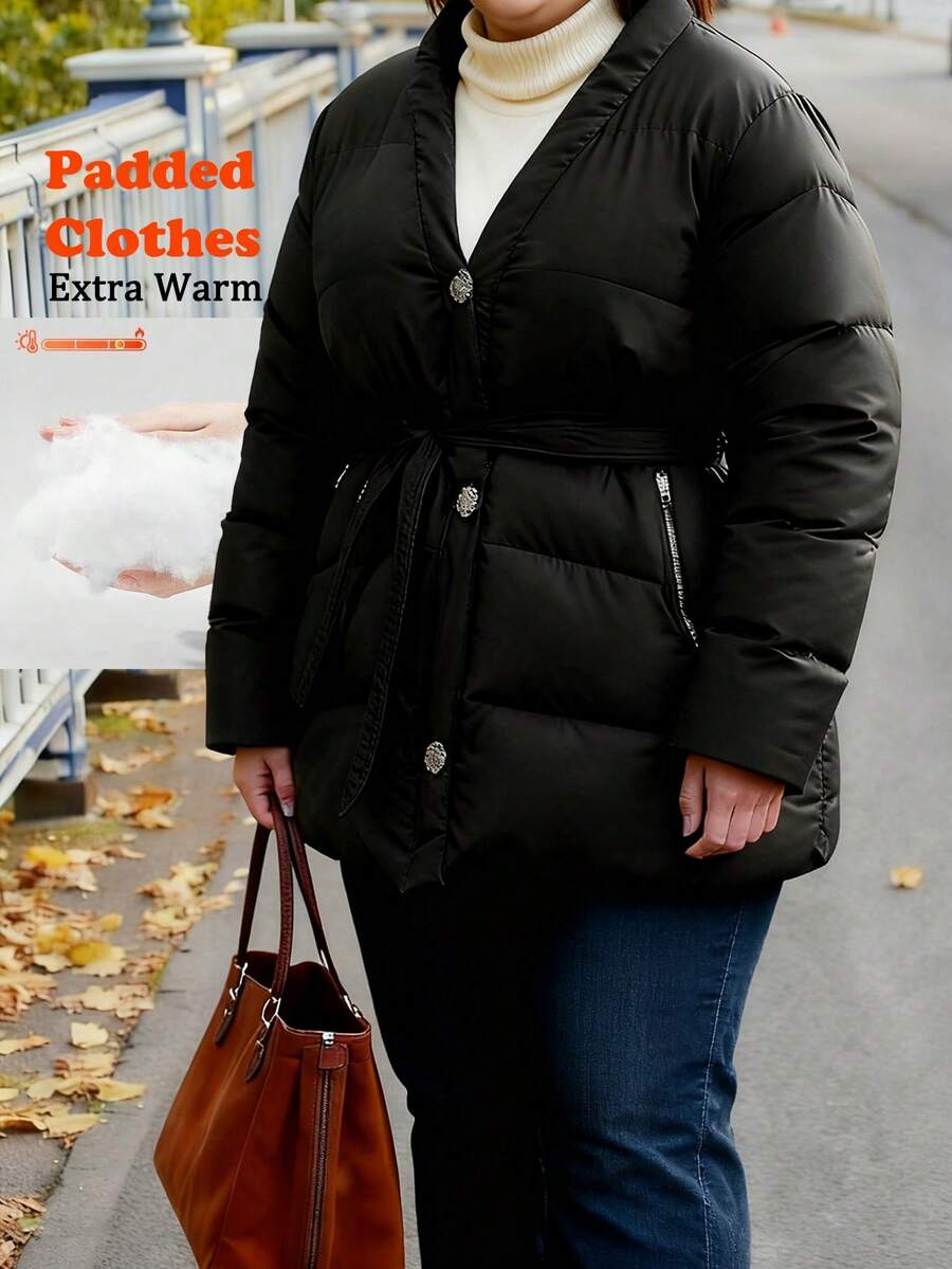 INAWLY Plus Size Women V-Neck Cinched Waist Padded Coat - Black - View 1