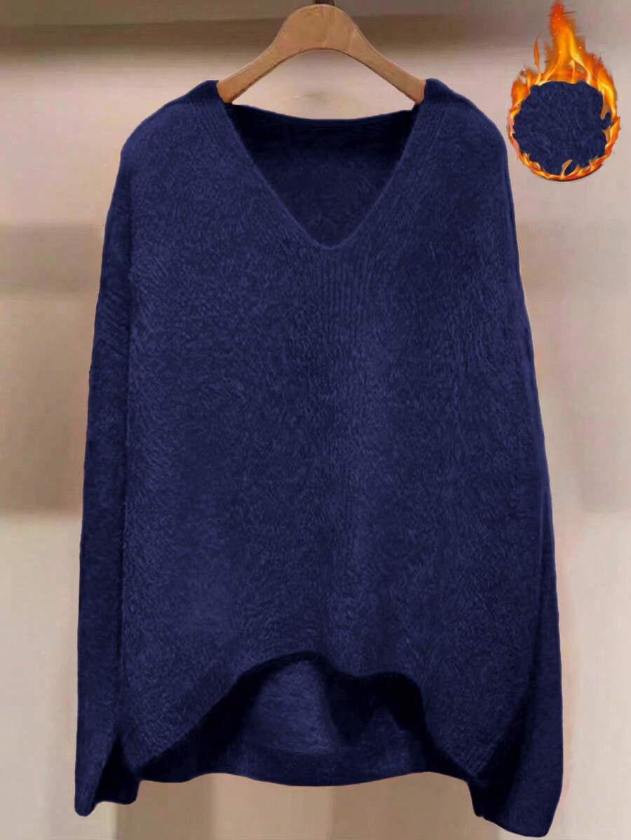 SHEIN LUNE Suéter de cuello en V de unicolor con forro térmico, talla grande, otoño/invierno - azul real - Ver 1