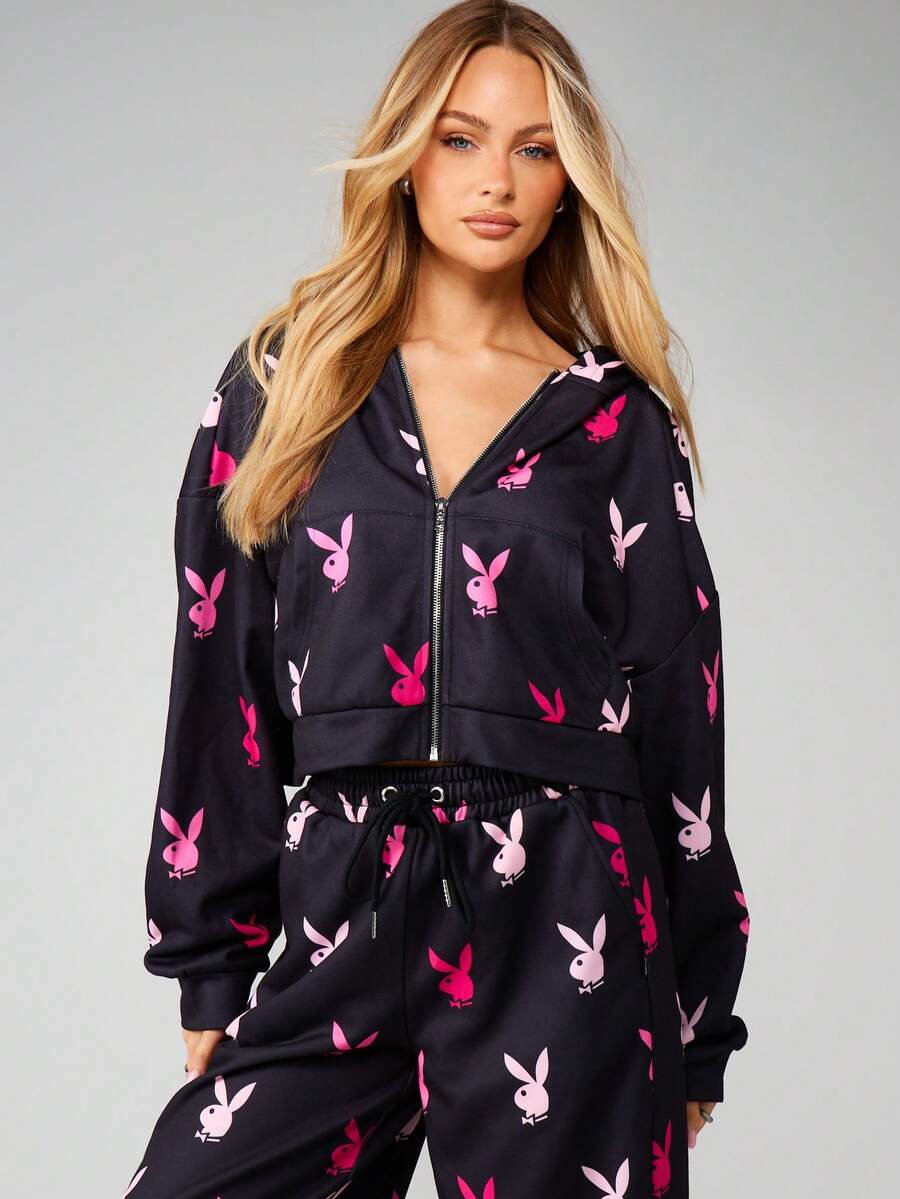 Missguided x Playboy Bunny Print Zip Up Hoodie With Drawstring And Centre Pocket For Casual Streetwear - Black - View 1