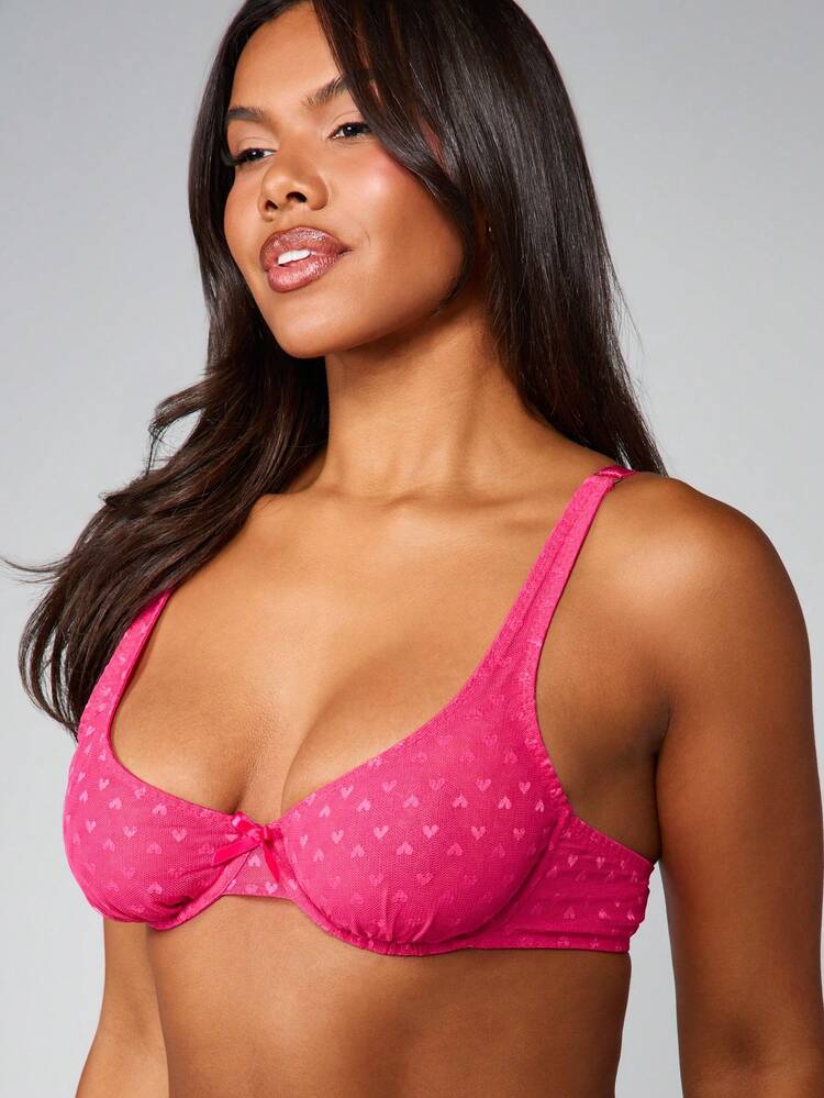 MISSGUIDED Mesh Heart Print Bralette With Underwire Support And Front Bow Detail