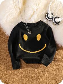 SHEIN Baby Boy/Girl Cute Casual Versatile Yellow Long Sleeve Sweater, Suitable For Autumn/Winter - Black - View 1