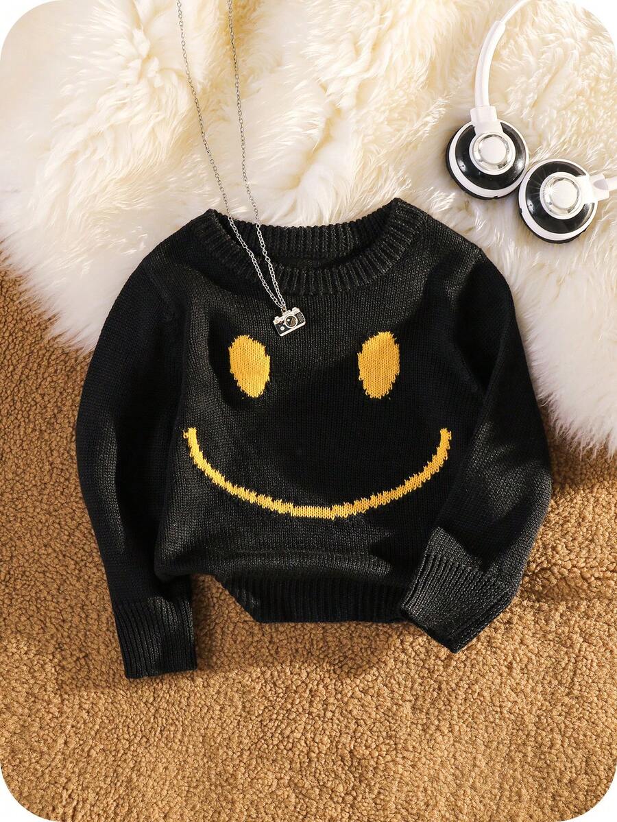 SHEIN Baby Boy/Girl Cute Casual Versatile Yellow Long Sleeve Sweater, Suitable For Autumn/Winter - Black - View 1