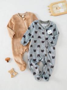 2pcs Baby Boys Khaki & Gray Bear Embroidery Design Casual Plush Thickened Long Sleeve Romper Pajamas, Suitable For Autumn/Winter Sleeping Wear Baby Baby Bear Clothes Woodland Baby Clothes Super Soft Baby Clothes Neutral Baby Clothes Unisex - Multicolor - View 1