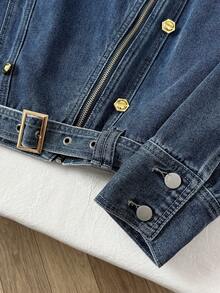 Elamini 女士时尚通勤牛仔上衣（配腰带）秋季 - 中等水洗藍 - 查看 5