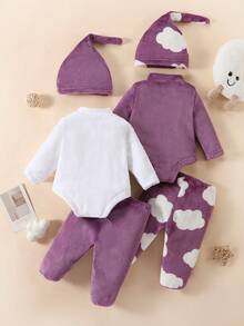 SHEIN 6 件新生儿简约时尚爱心表情毛绒长袖连体衣（含裤子和帽子）套装，家居服 - 彩色 - 查看 2