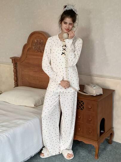 DAZY Teen Girl Polka Dot Print Lettuce Trim Contrast Bow Detail Long Sleeve Top And Loose Pants Pajama Set, Spring/Autumn