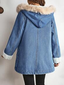 EMERY ROSE Women's Casual Denim Jacket With Fur Collar And Horn Buttons, Autumn/Winter - Blue - View 3