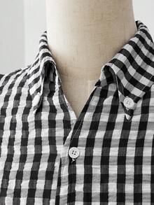 ESTAVOR Áo sơ mi nam ca rô đen trắng thời trang tay ngắn dáng rộng thêu họa tiết thường ngày - Đen và trắng - Xem 7