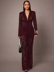 Silquee Quần âu tối giản phối ren họa tiết đơn sắc dành cho nữ mặc hàng ngày - Màu Đỏ Sâu - Xem 3