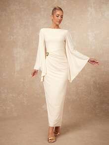 Lumalex Đầm ôm sát cơ thể không đối xứng tay áo rộng, cổ thuyền, trang trí kim loại nhún bèo dành cho nữ - Màu be - Xem 7