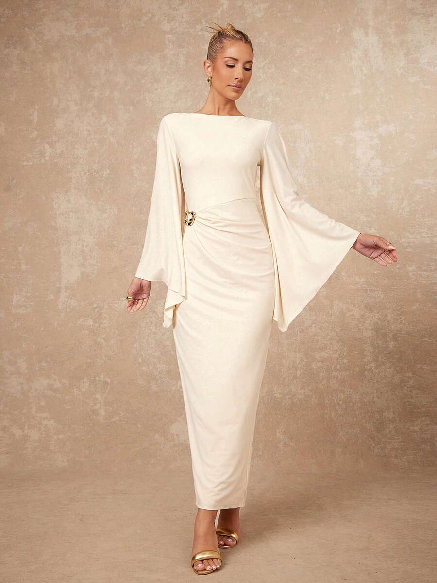 Lumalex 女式船领褶饰金属装饰超大袖不对称紧身连衣裙