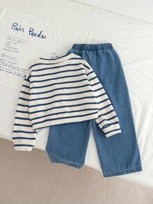Genkimix Kids 2 件套幼儿女童秋季新款服装，条纹毛绒针织黑白超大开衫夹克，休闲直筒蓝色牛仔裤，时尚简约儿童套装 - 彩色 - 查看 2