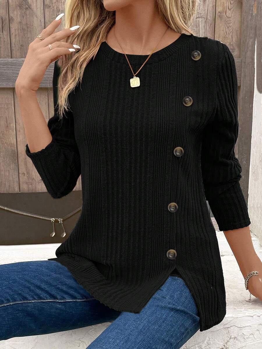 SHEIN LUNE Women's Contrast Color Ribbed Long Sleeve T-Shirt For New Year Graphic Tees Women Tops For Spring - Black - View 1
