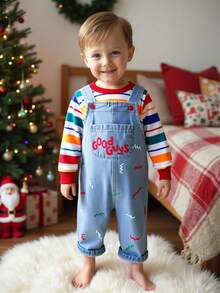 2pcs Baby Boys Cute Striped Contrast Color Drop Shoulder Autumn Hoodie & Embroidered Length Thermal Lined Overalls Set, Thick Warm For Winter - Multicolor - View 9
