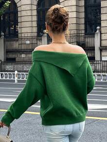 DAZY Women's Casual Loose Off-Shoulder Long Sleeve Green Sweater, Autumn/Winter - Green - View 5