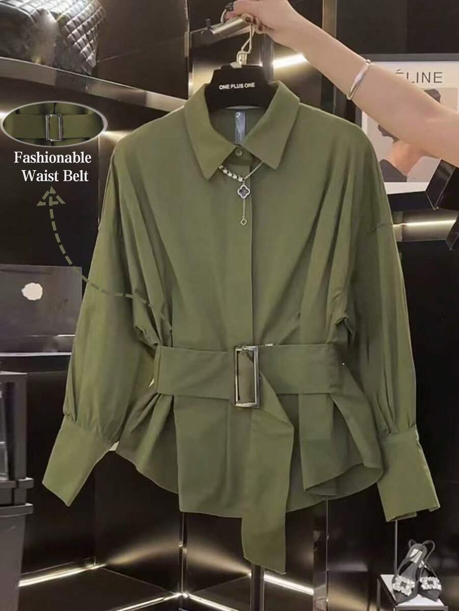 Franclia 女式纯色落肩长袖系带休闲衬衫，秋冬 - 軍綠色 - 查看 1