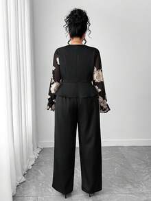 Elenzga 大码女式 V 领修身长袖网眼刺绣花卉上衣和纯色阔腿裤 2 件套 - 彩色 - 查看 2