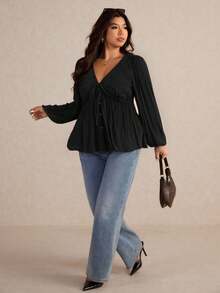 Elaquor Plus Size Women's Casual Solid Color V-Neck Long Sleeve Shirt Plus Size Black Tops Black Babydoll Top/Fall/Winter - Black - View 3