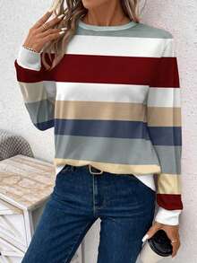 SHEIN LUNE Women's Contrast Color Casual Round Neck Long Sleeve T-Shirt - Multicolor - View 5