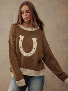 WESTFADE Suéter de punto holgado con cuello redondo, bordado con herradura, de manga larga y bloque de color, para otoño, invierno, estilo bohemio, western, para mujer, casual, lindo, para conciertos country - Caqui - Ver 3