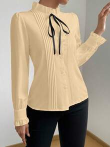 Rafferiza 女式长袖褶皱荷叶边系带衬衫，优雅的春秋季女式衬衫 - 杏色 - 查看 4