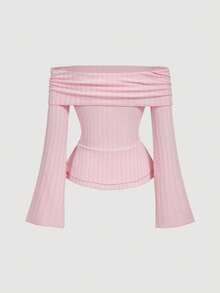 SHEIN MOD Áo thun nữ màu trơn, tay bồng, trễ vai, đính nơ, kiểu dáng thời trang, màu hồng, thích hợp mặc dự tiệc, thanh lịch, phù hợp cho ngày Valentine, mùa xuân, đi biển, kỳ nghỉ hè. - Hồng - Xem 2