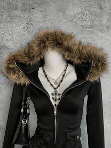 StreetHx 女士黑色保暖内衬束腰毛领夹克，Y2K 叛逆风，朋克摇滚风，修身舒适，适合万圣节，2000 年代街头服饰，长袖连帽修身款