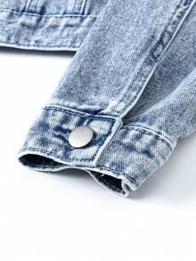 Teen Girls Casual Fashionable Versatile Blue Washed Denim 2-Piece Set, Detachable Furry Collar Design Simple Denim Top + Skinny Stretch Denim Pants, Essential Autumn/Winter Item For Stylish Girls