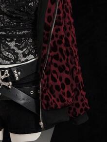 Sunspun Fashionable Leopard Print Velvet Hooded Faux Fur Lined Zip-Up Jacket - Multicolor - View 3