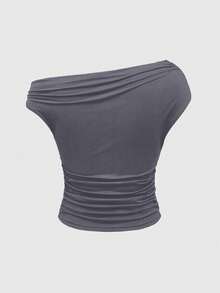 ROMWE Grunge Punk Y2K 涩谷女孩千禧复古复兴紧肩褶皱女式 T 恤 - 深灰色 - 查看 2