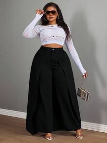 Slaydiva 冬季加大码女式牛仔风 - 蓝色无弹力牛仔拼接阔腿裤 - 黑色 - 查看 6