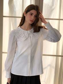 DAZY 少女休闲日常通勤简约百搭纯色宽松衬衫，彼得潘领荷叶袖，春秋季长袖上衣 - 白色 - 查看 3