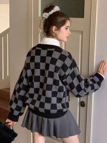 Dazy Kids 少女格纹落肩长袖休闲宽松针织开衫，秋冬 - 灰色 - 查看 5