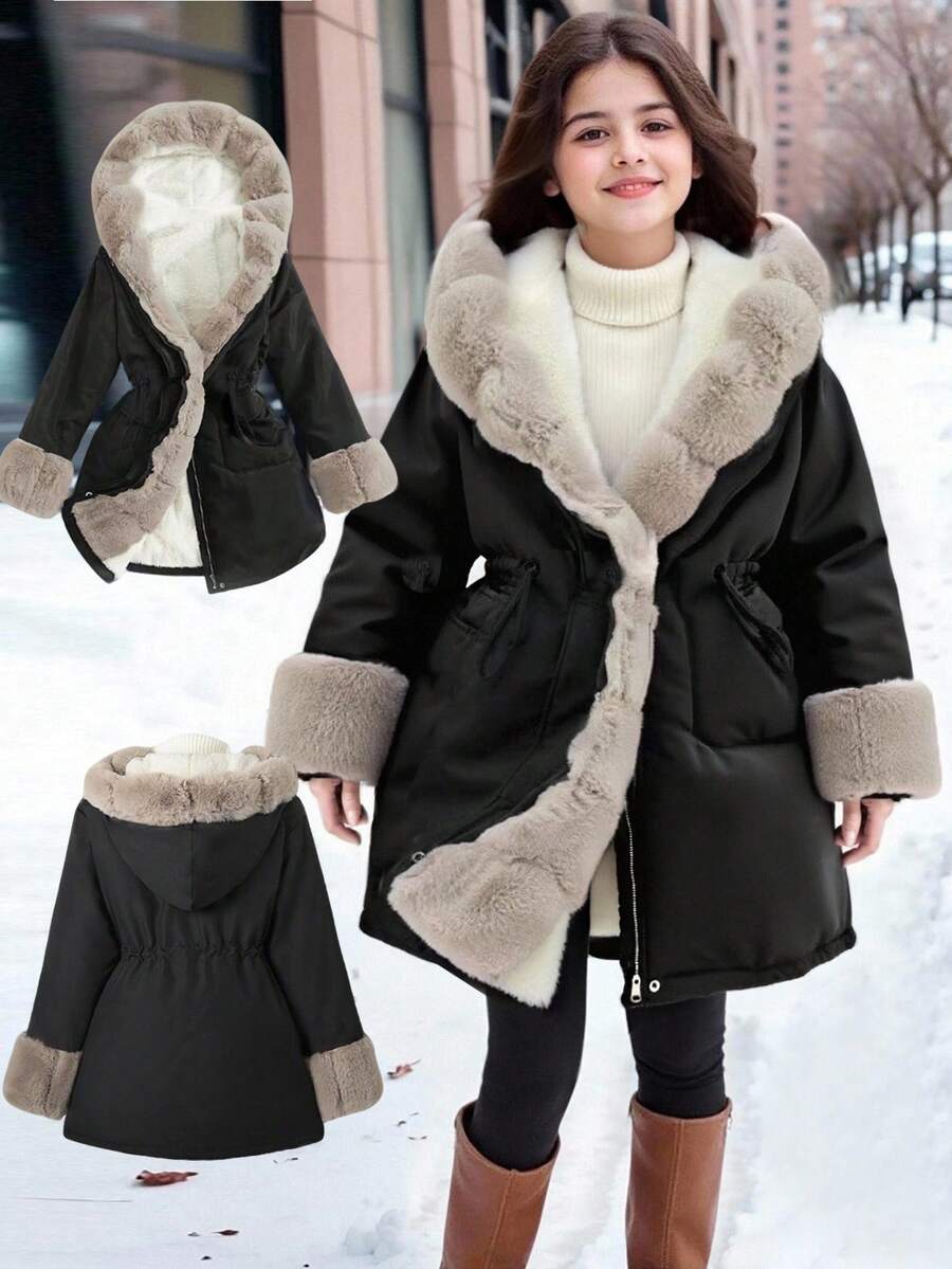 SHEIN 1 Áo khoác có đệm cho bé gái, thiết kế tay áo bông, thích hợp mặc thường ngày vào mùa đông - màu đen - Xem 1