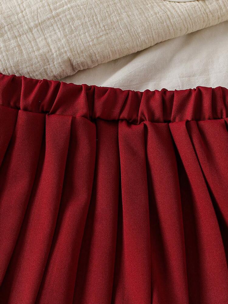 Genkimix Kids 2pcs/Set Tween Girl Christmas Autumn/Winter Korean Fashion Chic Girls Outfit, Bow Decor Sweet Round Neck Long Sleeve Top + Pleated Skirt 2 Pieces - Red - View 4