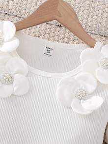 SHEIN Explorewe 少女 2 件套，時尚白色與紅色長袖 T 恤配花卉裝飾，秋季裙褲，可愛聖誕節假期 - 紅色 - 查看 3