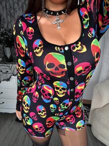 Whyspr Grunge Punk Plus Size Women Skeleton Print Y2K Colorful Skull Jumpsuit, Punk Goth Style For Autumn/Winter Halloween - Multicolor - View 6